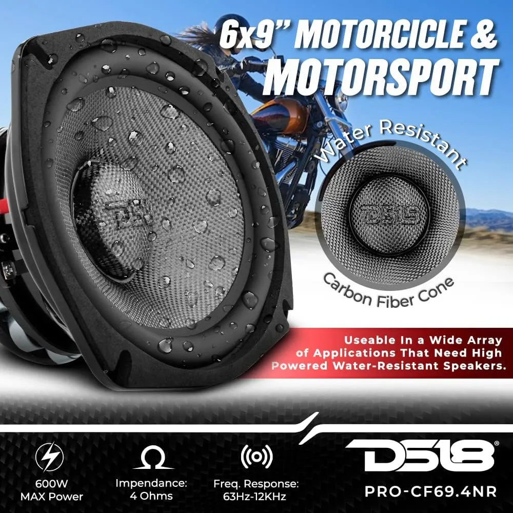DS18 PRO-CF69.4NR 6 x 9 Inches Water Resistant Loudspeaker - Mid-Bass Carbon Fiber Cone and Neodymium Rings Magnet 600 Watts 4-Ohms - Ideal for Motorcycle & Motorsports (1 Speaker)