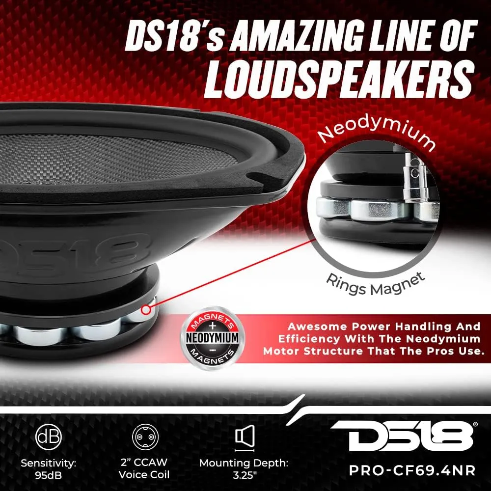 DS18 PRO-CF69.4NR 6 x 9 Inches Water Resistant Loudspeaker - Mid-Bass Carbon Fiber Cone and Neodymium Rings Magnet 600 Watts 4-Ohms - Ideal for Motorcycle & Motorsports (1 Speaker)