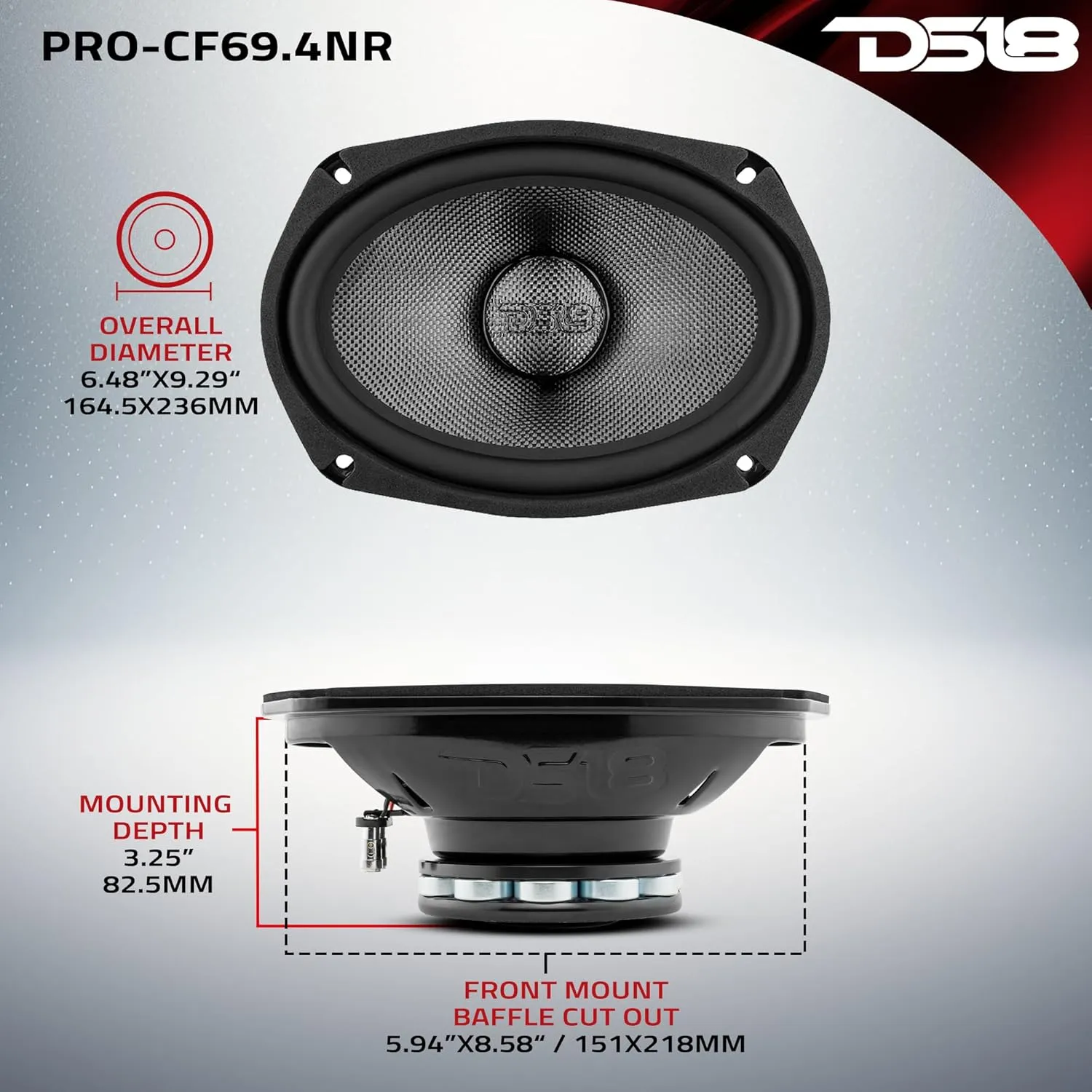 DS18 PRO-CF69.4NR 6 x 9 Inches Water Resistant Loudspeaker - Mid-Bass Carbon Fiber Cone and Neodymium Rings Magnet 600 Watts 4-Ohms - Ideal for Motorcycle & Motorsports (1 Speaker)