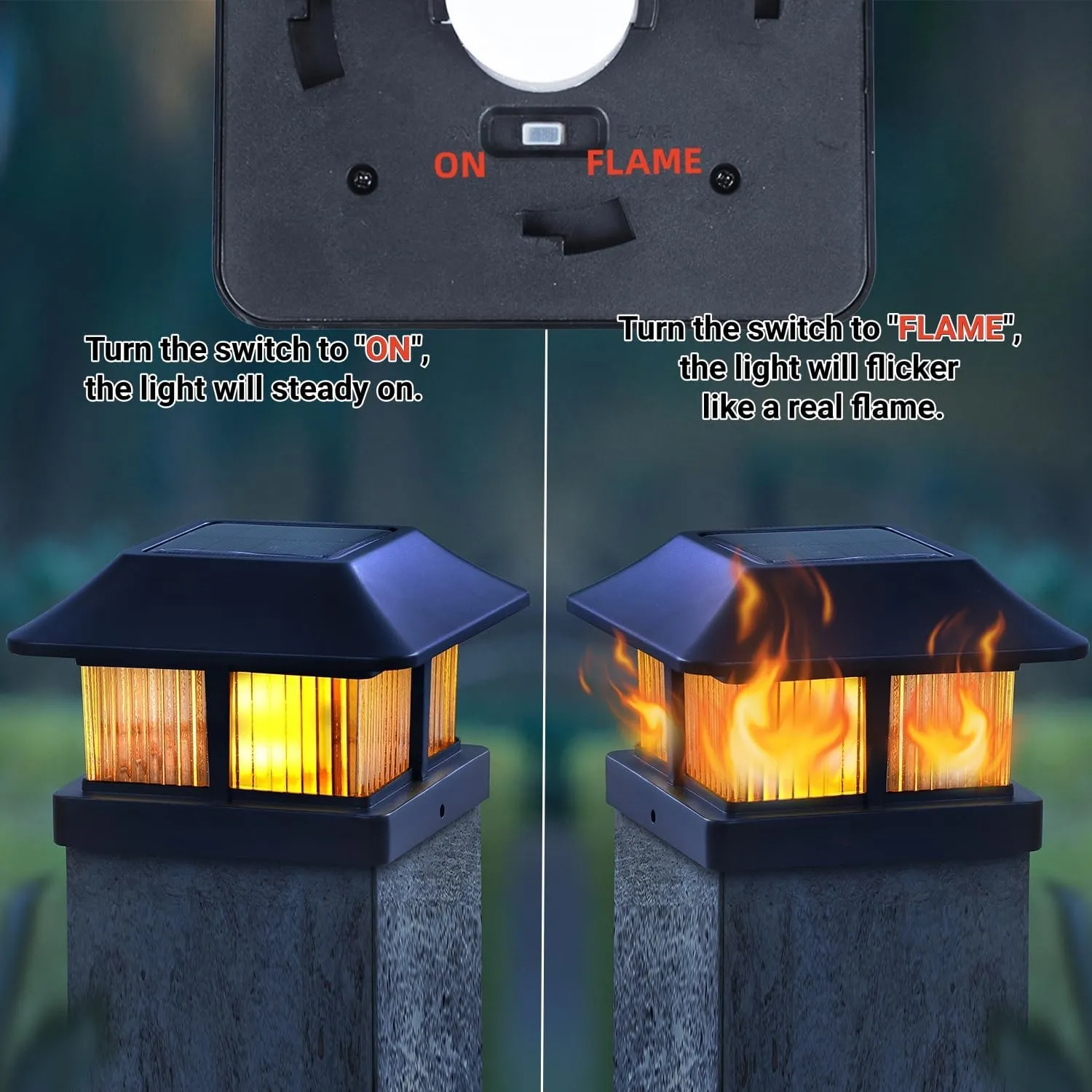 Dynaming Solar Flame Post Cap Lights Outdoor, Solar Powered Fence Post Light, Flickering Flame LED Lantern Lamps Waterproof for Garden Deck Patio, Fit 4x4, 5x5 or 6x6 Vinyl/Wooden Posts, 2 Pack