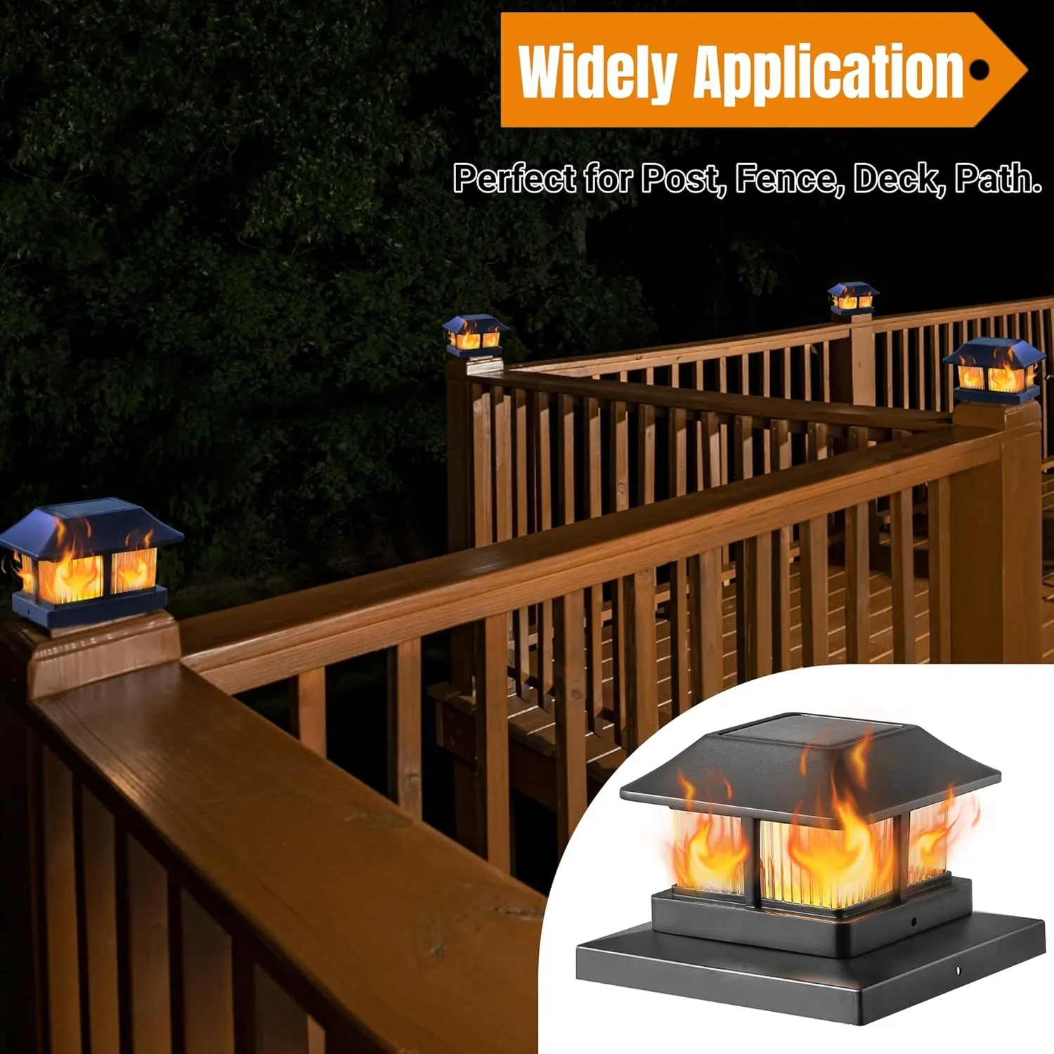 Dynaming Solar Flame Post Cap Lights Outdoor, Solar Powered Fence Post Light, Flickering Flame LED Lantern Lamps Waterproof for Garden Deck Patio, Fit 4x4, 5x5 or 6x6 Vinyl/Wooden Posts, 2 Pack