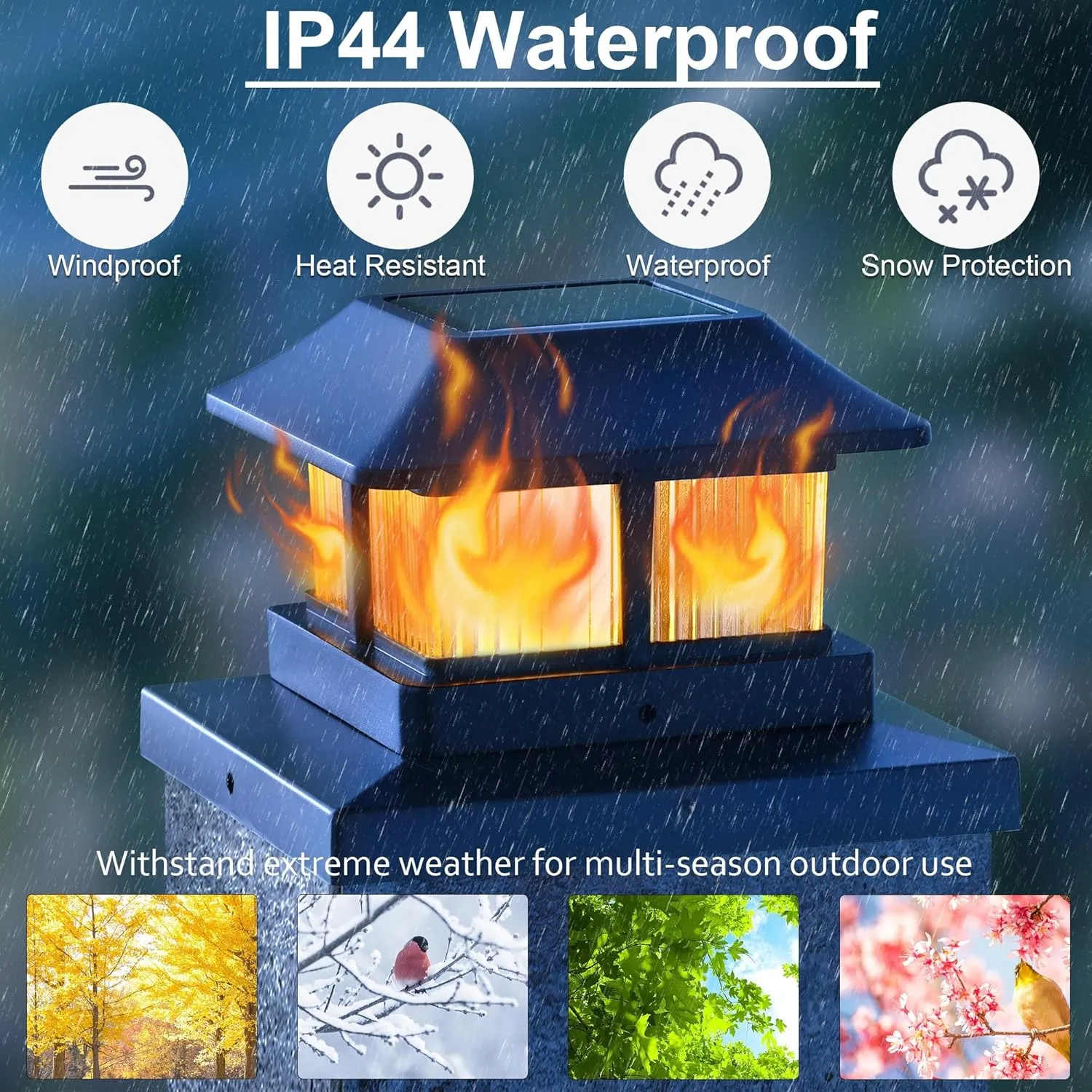Dynaming Solar Flame Post Cap Lights Outdoor, Solar Powered Fence Post Light, Flickering Flame LED Lantern Lamps Waterproof for Garden Deck Patio, Fit 4x4, 5x5 or 6x6 Vinyl/Wooden Posts, 2 Pack