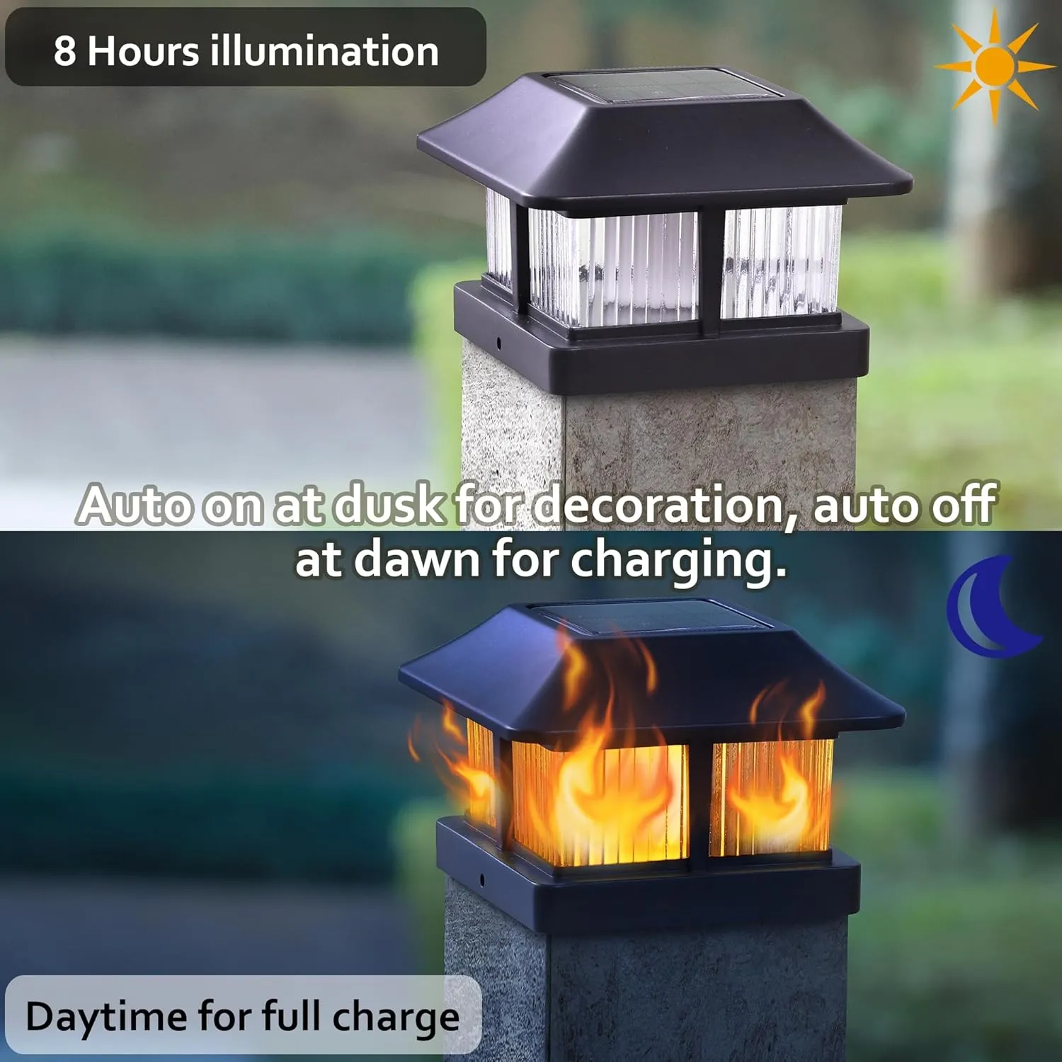Dynaming Solar Flame Post Cap Lights Outdoor, Solar Powered Fence Post Light, Flickering Flame LED Lantern Lamps Waterproof for Garden Deck Patio, Fit 4x4, 5x5 or 6x6 Vinyl/Wooden Posts, 2 Pack