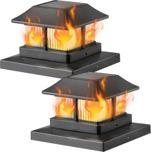 Dynaming Solar Flame Post Cap Lights Outdoor, Solar Powered Fence Post Light, Flickering Flame LED Lantern Lamps Waterproof for Garden Deck Patio, Fit 4x4, 5x5 or 6x6 Vinyl/Wooden Posts, 2 Pack