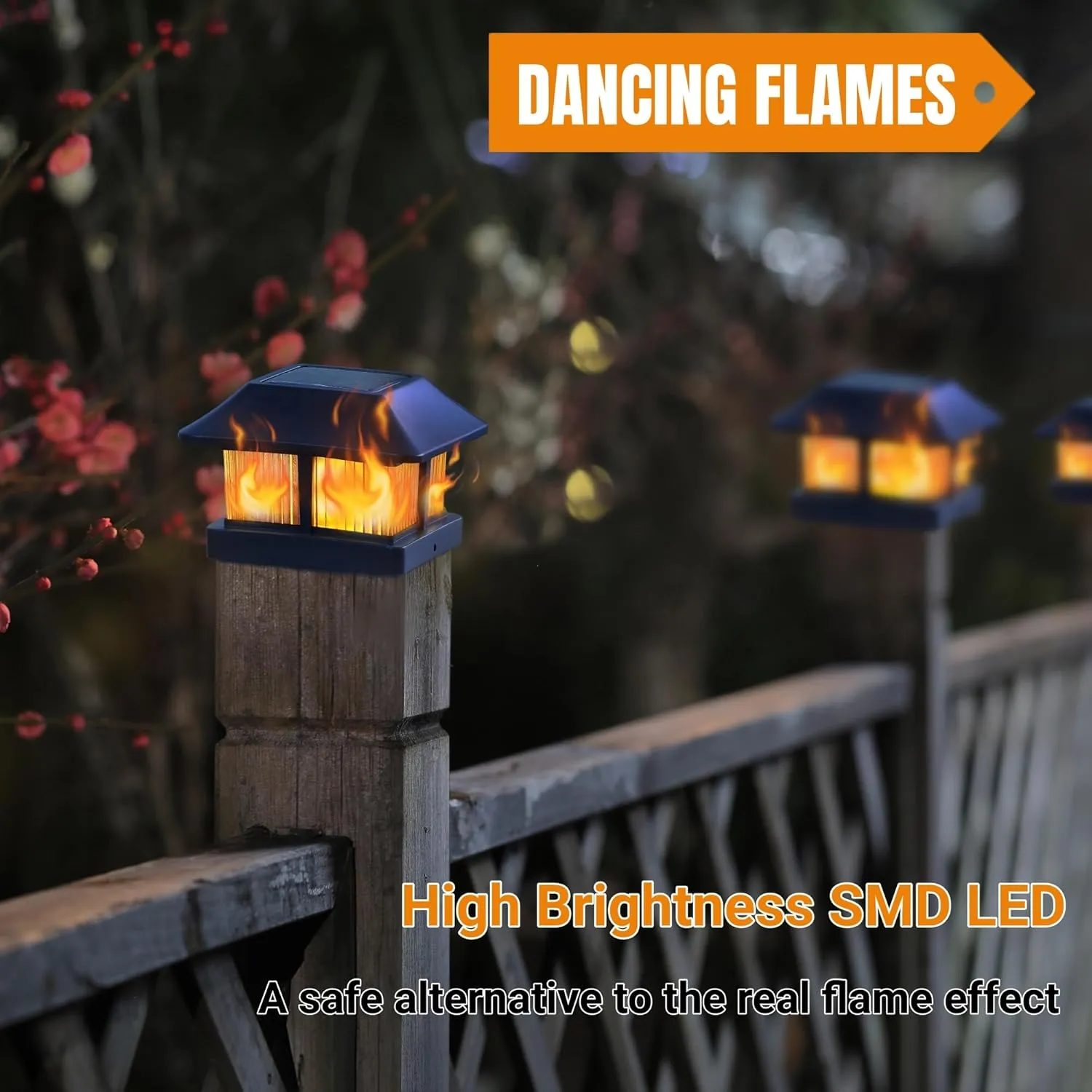 Dynaming Solar Flame Post Cap Lights Outdoor, Solar Powered Fence Post Light, Flickering Flame LED Lantern Lamps Waterproof for Garden Deck Patio, Fit 4x4, 5x5 or 6x6 Vinyl/Wooden Posts, 2 Pack