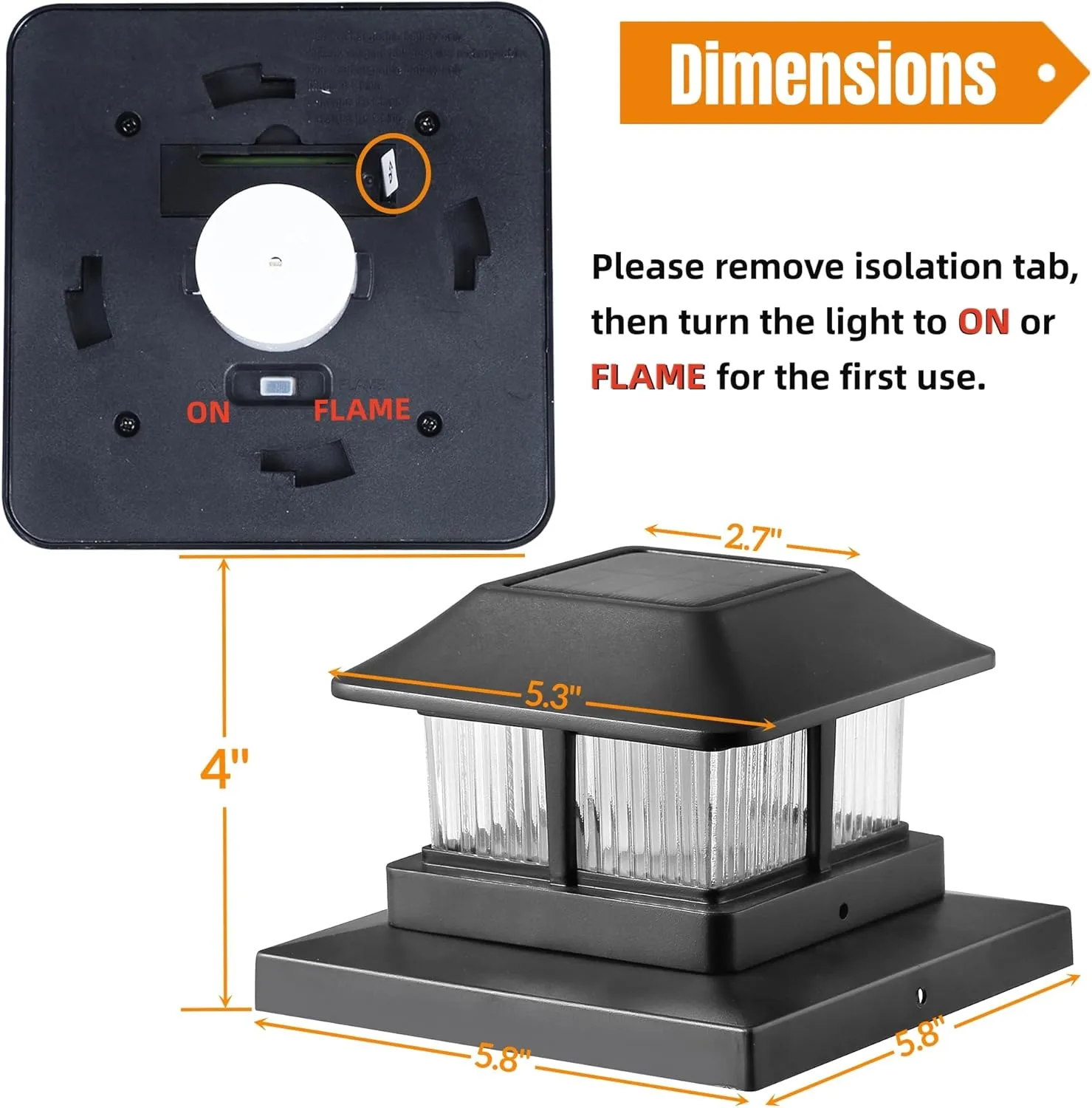 Dynaming Solar Flame Post Cap Lights Outdoor, Solar Powered Fence Post Light, Flickering Flame LED Lantern Lamps Waterproof for Garden Deck Patio, Fit 4x4, 5x5 or 6x6 Vinyl/Wooden Posts, 2 Pack
