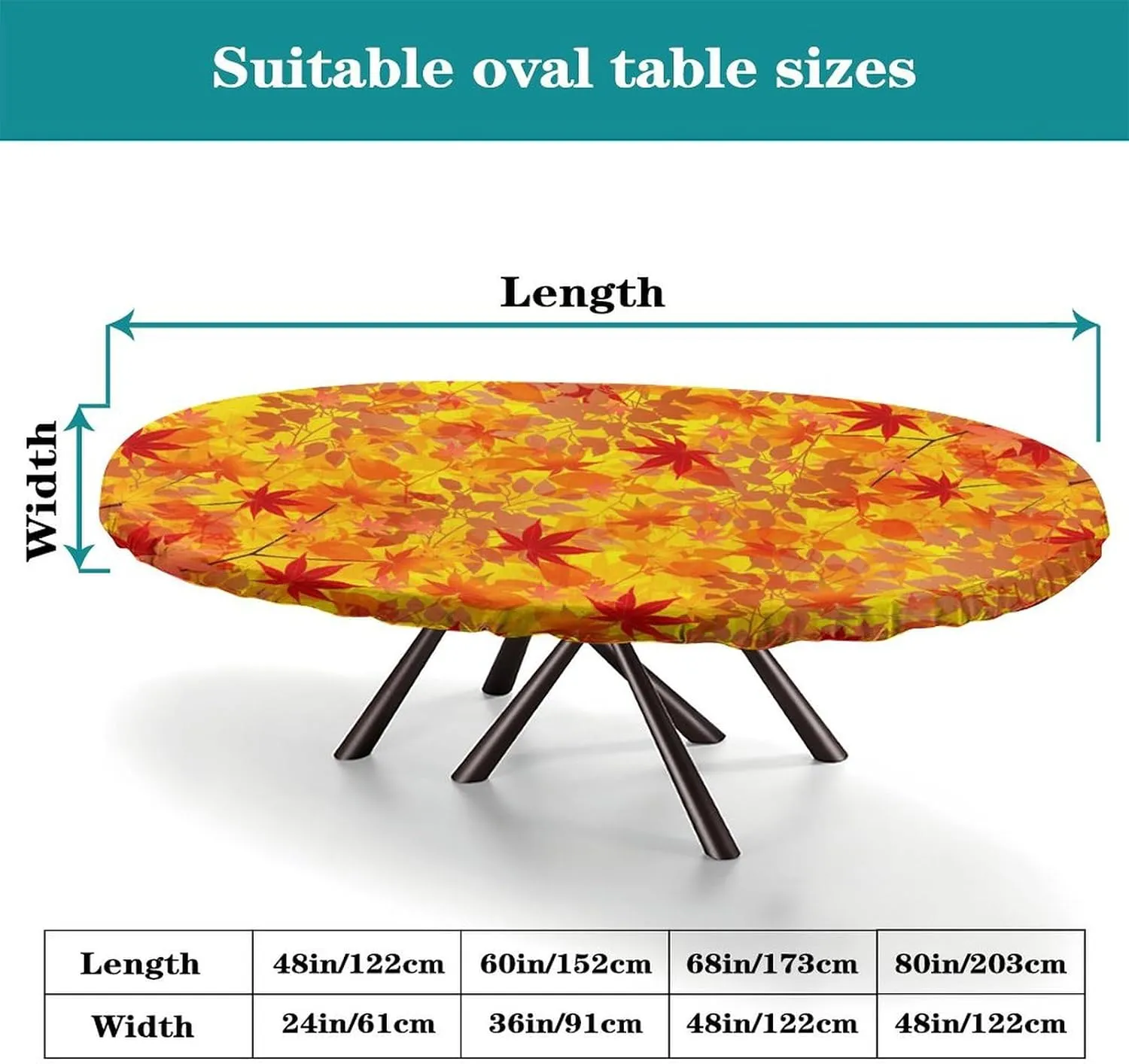 Elastic Edge Oval Fitted Tablecloth, Autumn Leaves Table Cloth, Great for Home Kitchen/Parties/Holiday Dinner, Fits for 48 x 80 Oval Table
