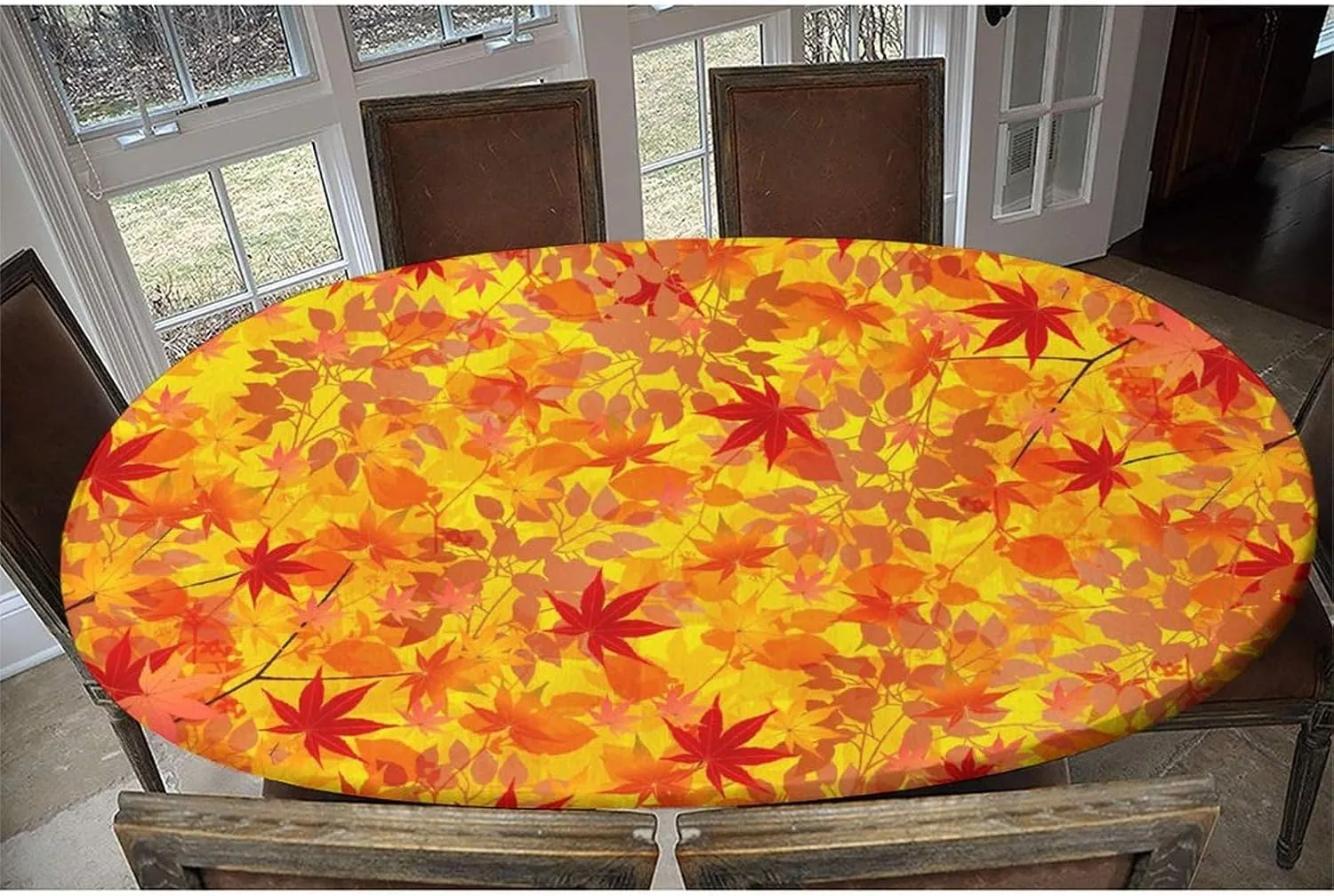 Elastic Edge Oval Fitted Tablecloth, Autumn Leaves Table Cloth, Great for Home Kitchen/Parties/Holiday Dinner, Fits for 48 x 80 Oval Table