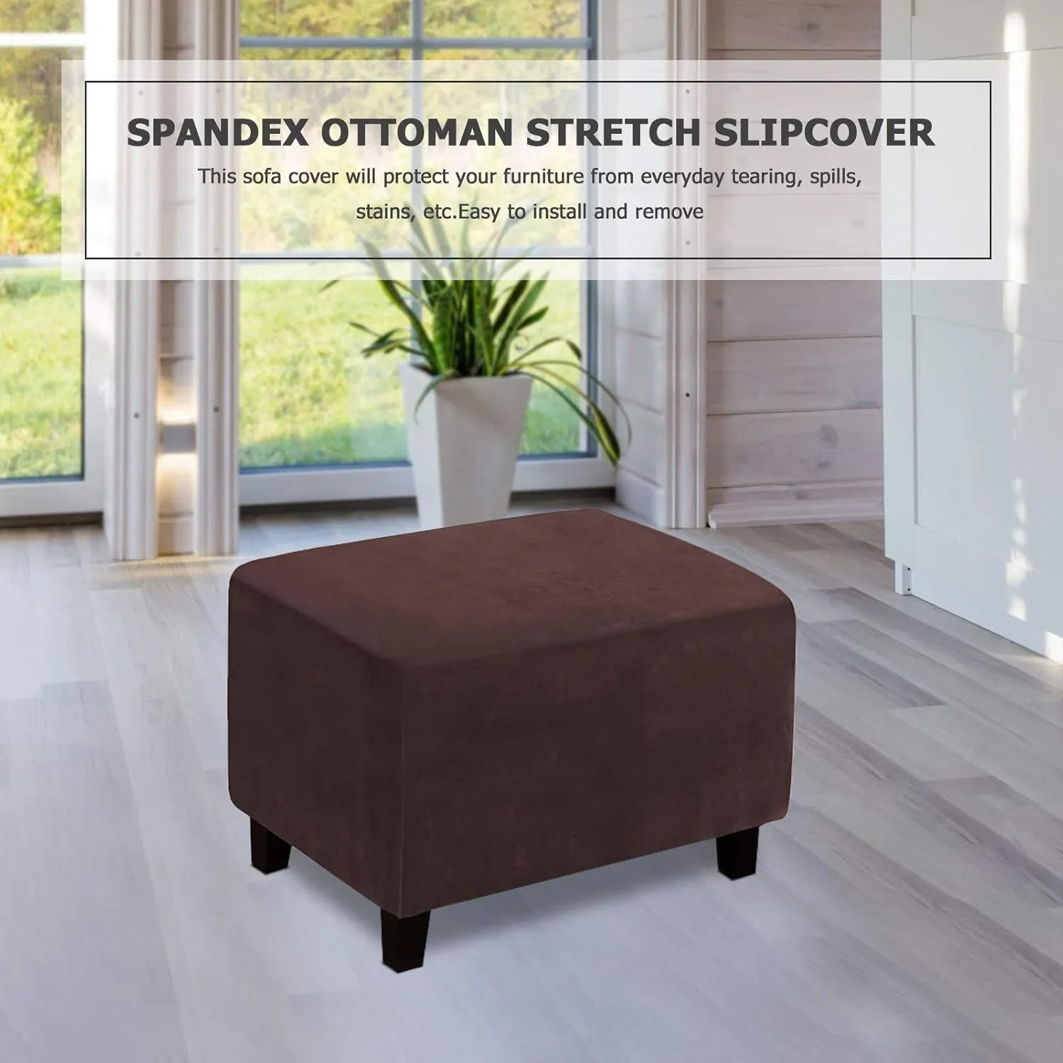 ele ELEOPTION Super Stretch Soft Form-Fit Ottoman Cover Rectangle - Ottoman Slipcovers for Foot Stool & Folding Storage Furniture for Living Room with Nonslip Elastic Bottom(L, Brown)