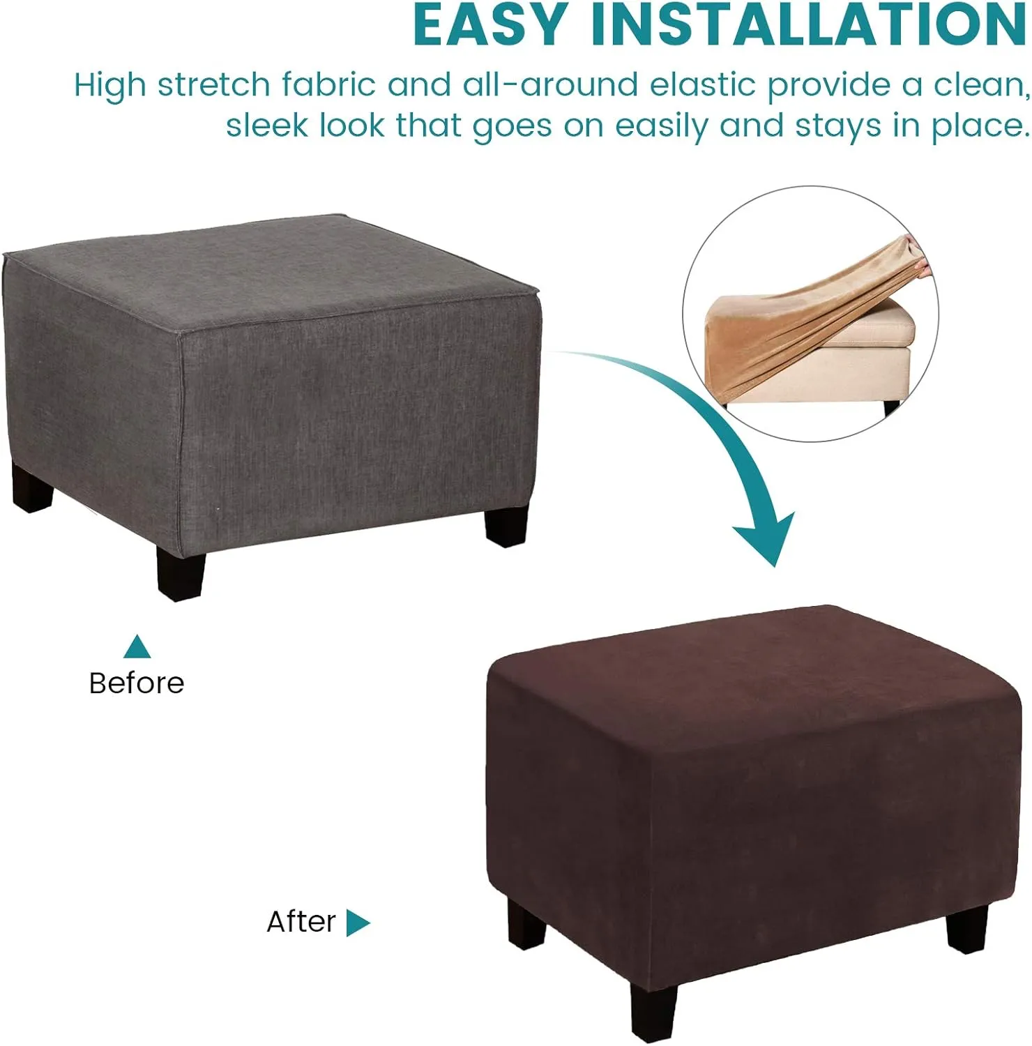 ele ELEOPTION Super Stretch Soft Form-Fit Ottoman Cover Rectangle - Ottoman Slipcovers for Foot Stool & Folding Storage Furniture for Living Room with Nonslip Elastic Bottom(L, Brown)