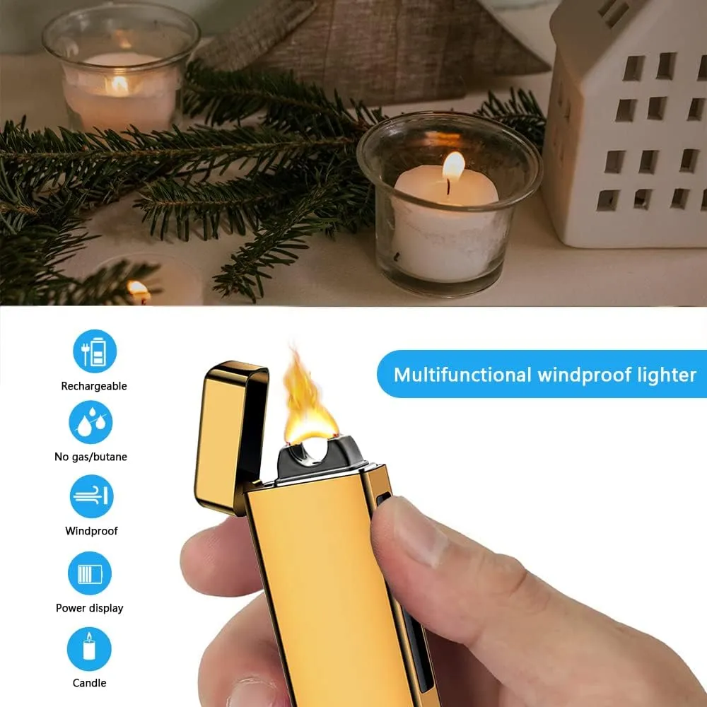 Electric Candle Lighter USB Rechargeable Lighter Plasma Arc Lighter High Power Unique Cool Lighter with Metal Ice Touch, Big Flame Grill Lighter for Outdoor Grill, BBQ, Cooking (Gold)