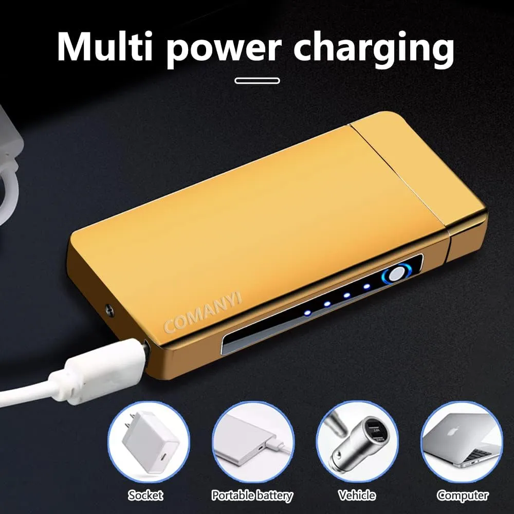 Electric Candle Lighter USB Rechargeable Lighter Plasma Arc Lighter High Power Unique Cool Lighter with Metal Ice Touch, Big Flame Grill Lighter for Outdoor Grill, BBQ, Cooking (Gold)