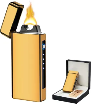 Electric Candle Lighter USB Rechargeable Lighter Plasma Arc Lighter High Power Unique Cool Lighter with Metal Ice Touch, Big Flame Grill Lighter for Outdoor Grill, BBQ, Cooking (Gold)