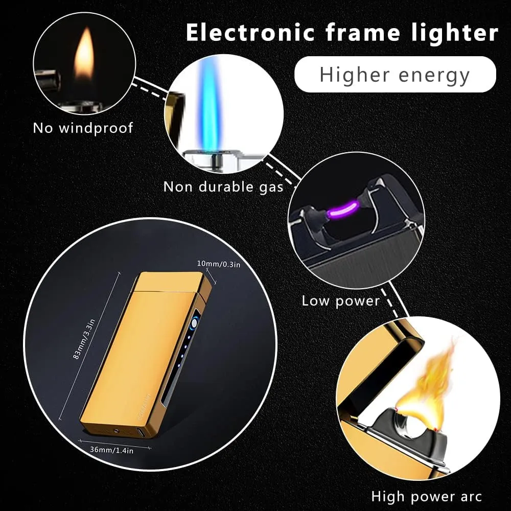 Electric Candle Lighter USB Rechargeable Lighter Plasma Arc Lighter High Power Unique Cool Lighter with Metal Ice Touch, Big Flame Grill Lighter for Outdoor Grill, BBQ, Cooking (Gold)
