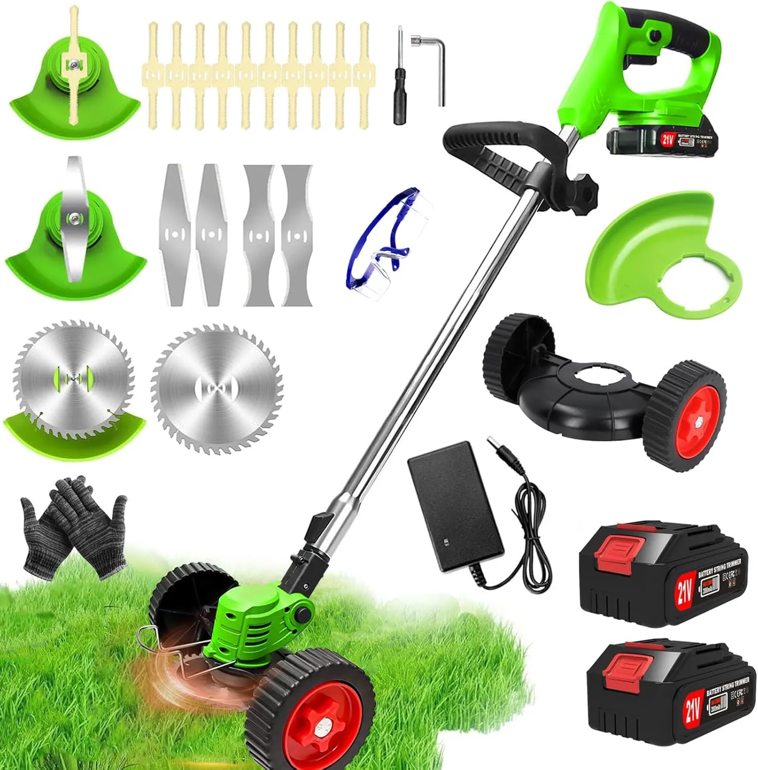 Electric Weed Wacker Cordless Weed Trimmer Battery Powered 2 X 2.0Ah Batteries,3 in 1 Cordless Grass Trimmer Eater with Wheels, Push Weed Trimmer/Lawn Trimmer/Brush Cutter for Yard Garden