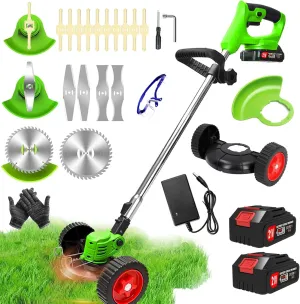 Electric Weed Wacker Cordless Weed Trimmer Battery Powered 2 X 2.0Ah Batteries,3 in 1 Cordless Grass Trimmer Eater with Wheels, Push Weed Trimmer/Lawn Trimmer/Brush Cutter for Yard Garden