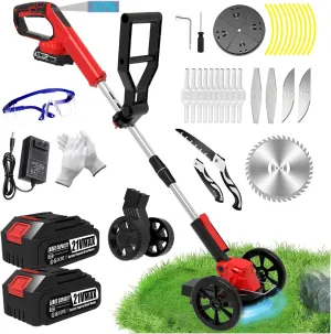 Electric Weed Wacker Eater Battery Powered, Cordless Weed Trimmer with 2 21V/2.0Ah Battery Operated & Charger & 5 Types Blades & Wheels, No-String Grass Trimmer/Lawn Edger/Brush Cutter for Garden Yard