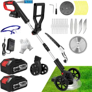 Electric Weed Wacker Eater Battery Powered, Cordless Weed Trimmer with 2 21V/2.0Ah Battery Operated & Charger & Wheels & 5 Types Blades, No-String Brush Cutter/Lawn Edger/Grass Trimmer for Garden Yard