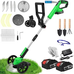 Electric Weed Wacker Eater Battery Powered,Cordless Weed Trimmer with 2 21V/2.0Ah Battery Operated & Charger & 90Min Runtime, 5 Blades for Thick Weeds/Edging/Mowing for Garden Yard