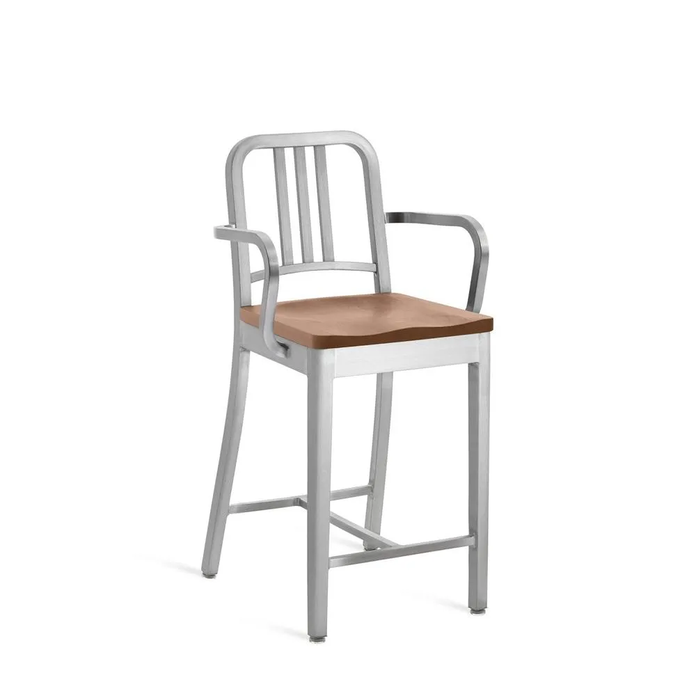 Emeco 1104 Navy Counter Stool With Wood Seat