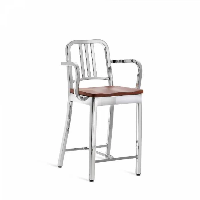 Emeco 1104 Navy Counter Stool With Wood Seat