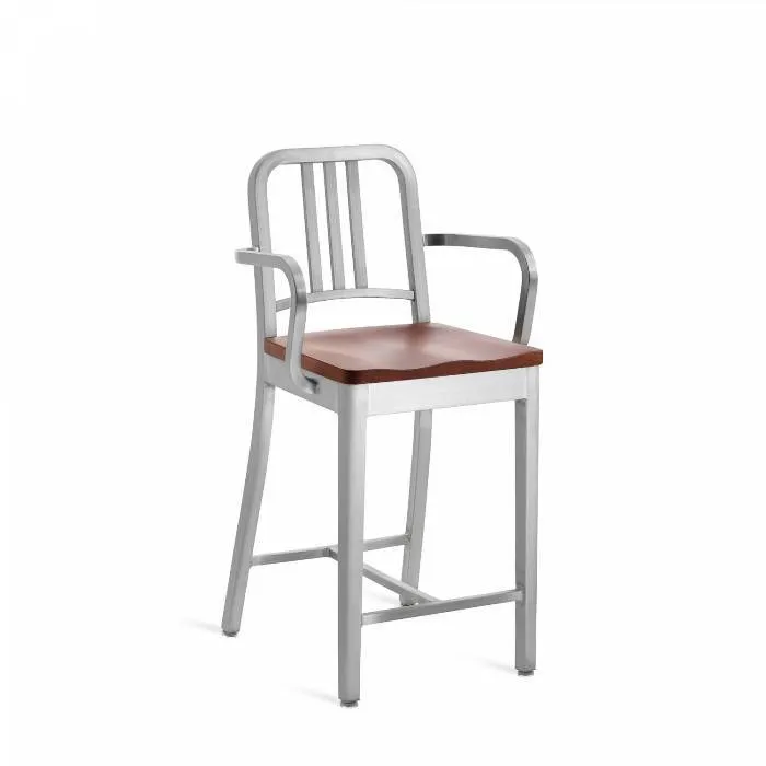 Emeco 1104 Navy Counter Stool With Wood Seat