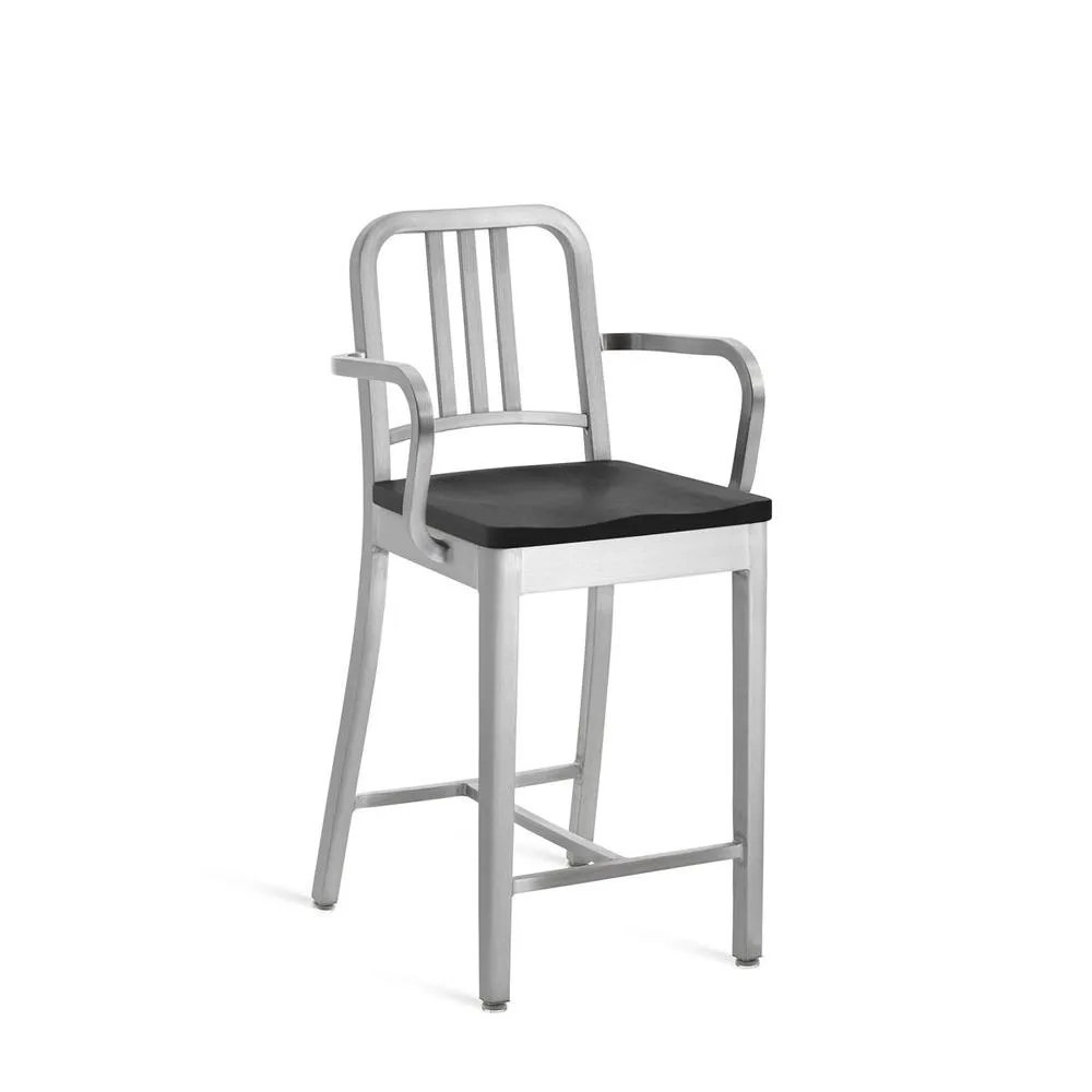 Emeco 1104 Navy Counter Stool With Wood Seat