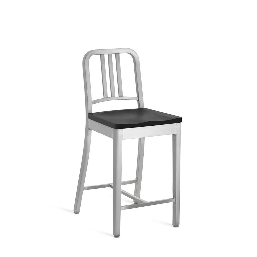 Emeco 1104 Navy Counter Stool With Wood Seat