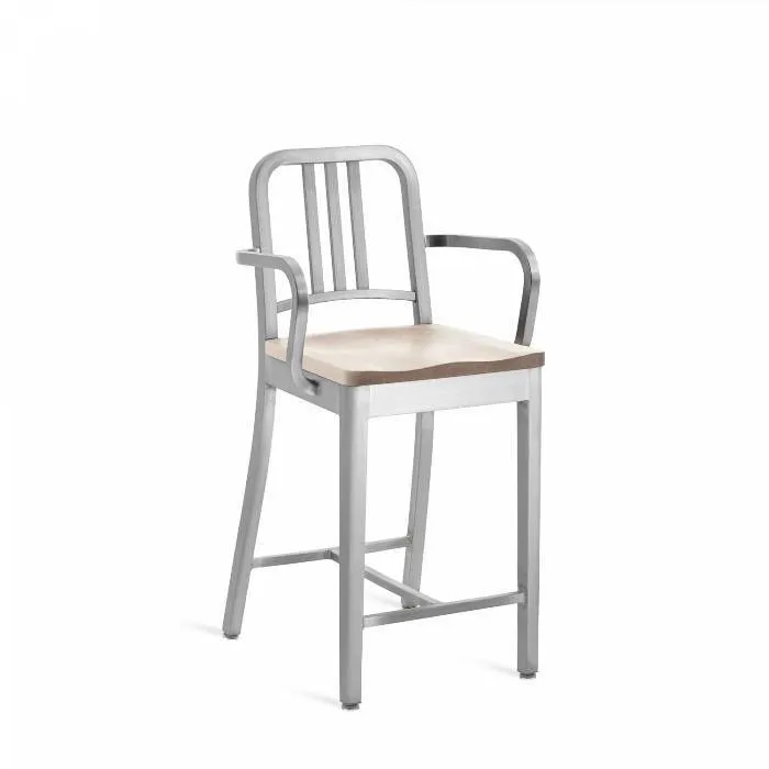 Emeco 1104 Navy Counter Stool With Wood Seat