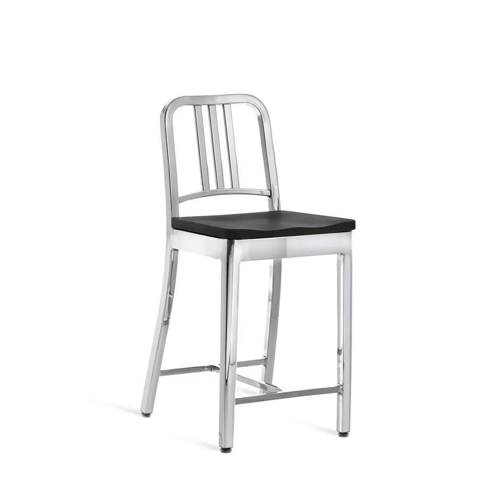 Emeco 1104 Navy Counter Stool With Wood Seat