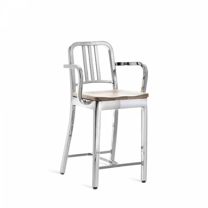 Emeco 1104 Navy Counter Stool With Wood Seat