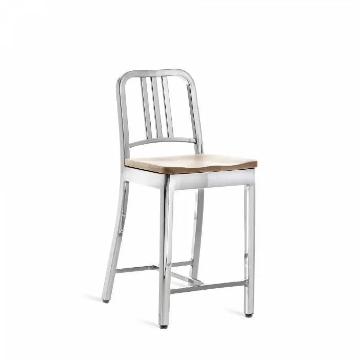 Emeco 1104 Navy Counter Stool With Wood Seat