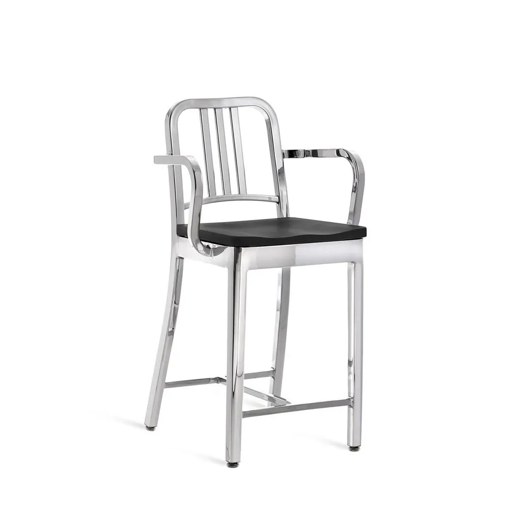 Emeco 1104 Navy Counter Stool With Wood Seat