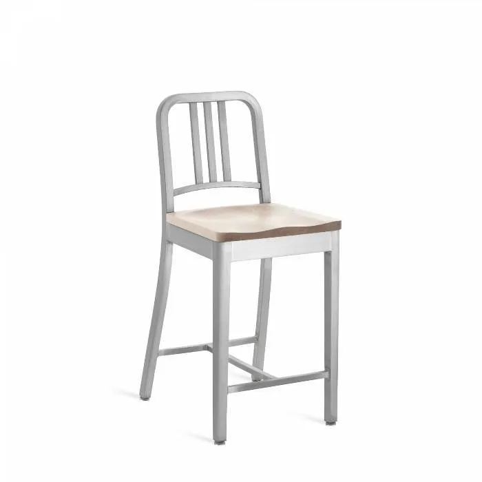 Emeco 1104 Navy Counter Stool With Wood Seat