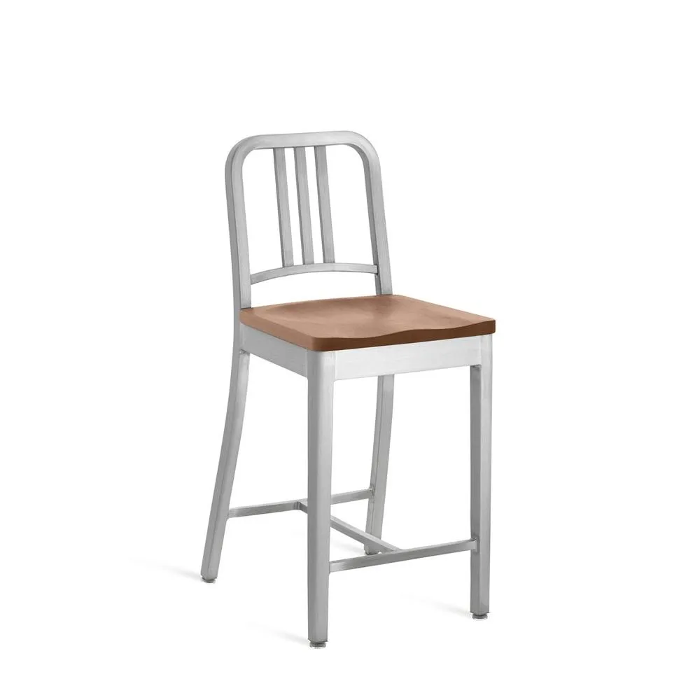 Emeco 1104 Navy Counter Stool With Wood Seat
