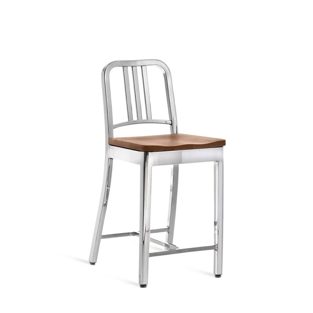 Emeco 1104 Navy Counter Stool With Wood Seat