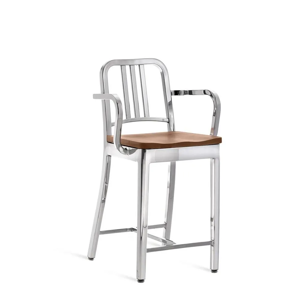 Emeco 1104 Navy Counter Stool With Wood Seat