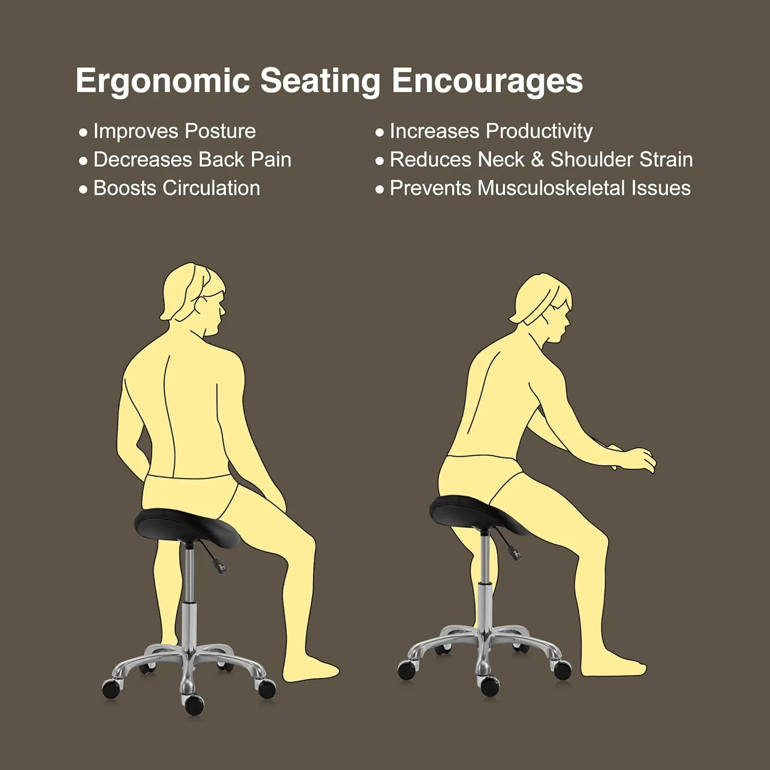 Ergonomic Saddle Stool Adjustable Pneumatic Swivel Rolling Saddle Seat Stool with Wheels for Medical Hygienic SPA Massage Salon Home and Office 506 Haku (Black)