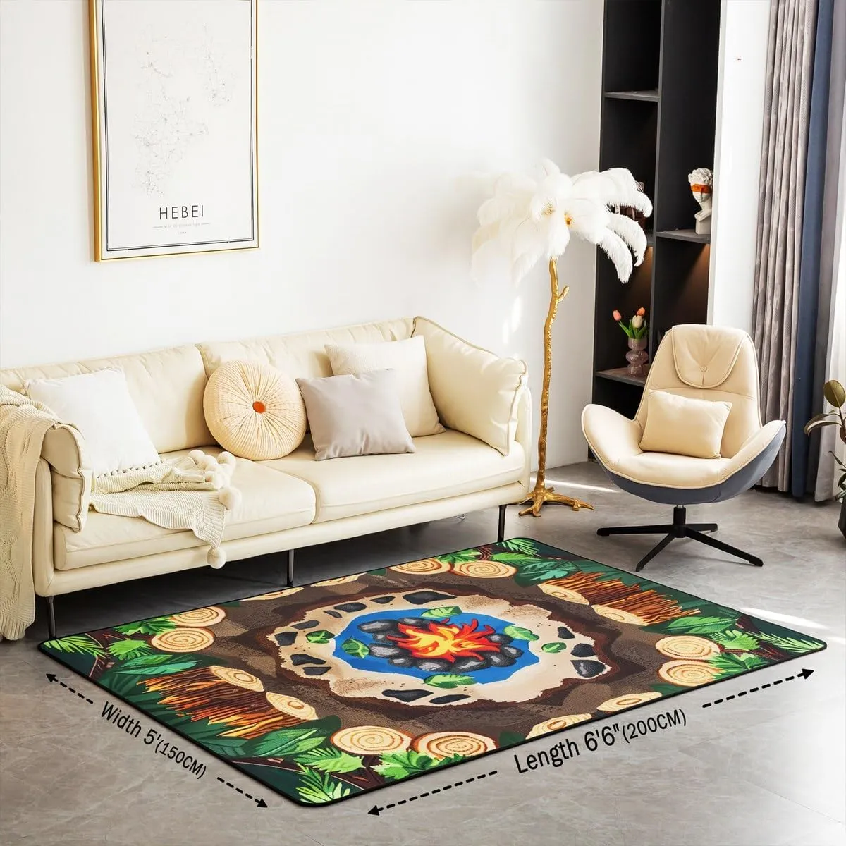 Erosebridal Campfire Area Rug 6'6" x 4'11" Tree Stump Rug for Teens Kids Fun Woodland Campsite Summer Happy Camping Carpet Cartoon Stones Green Tree Non Slip Living Room Rugs