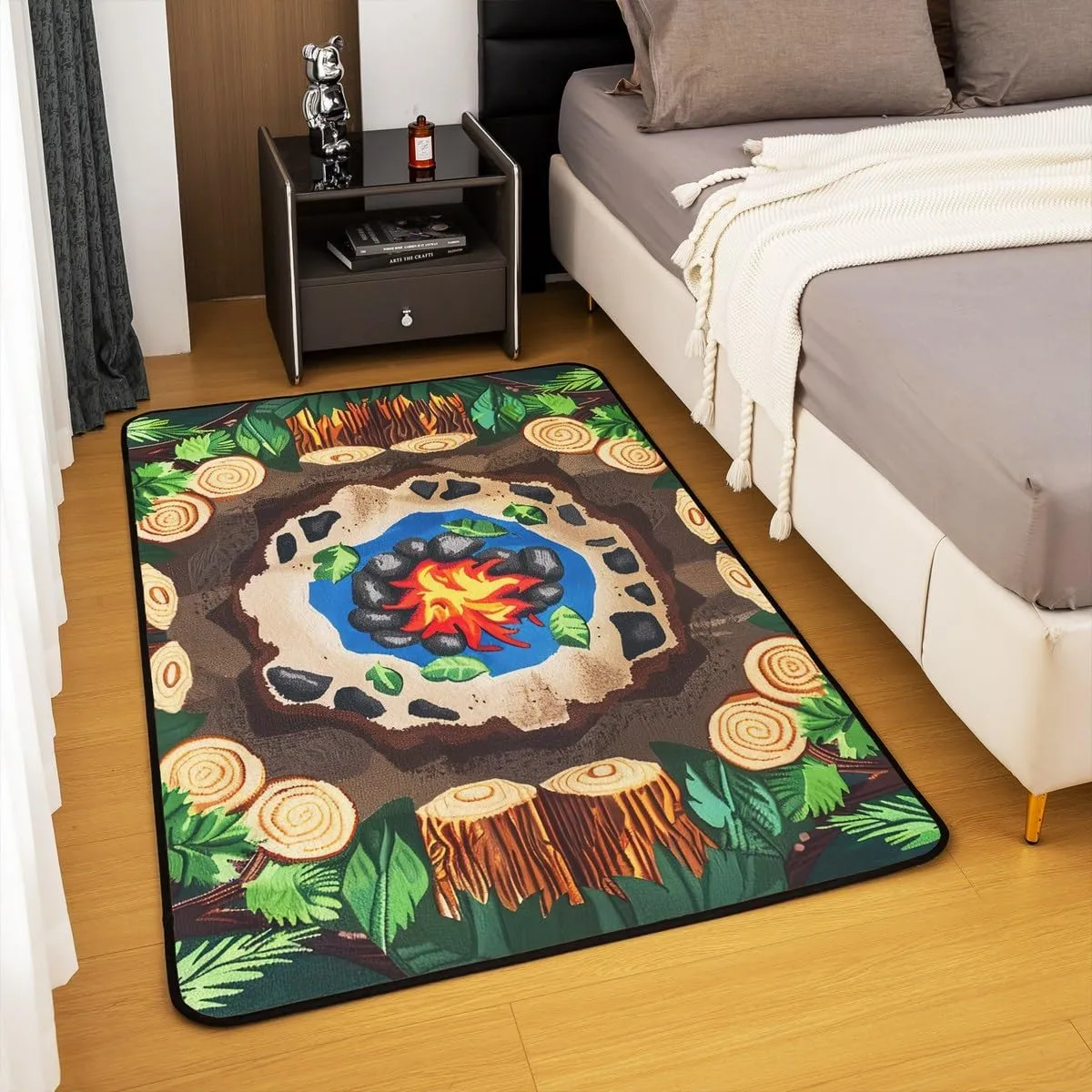 Erosebridal Campfire Area Rug 6'6" x 4'11" Tree Stump Rug for Teens Kids Fun Woodland Campsite Summer Happy Camping Carpet Cartoon Stones Green Tree Non Slip Living Room Rugs