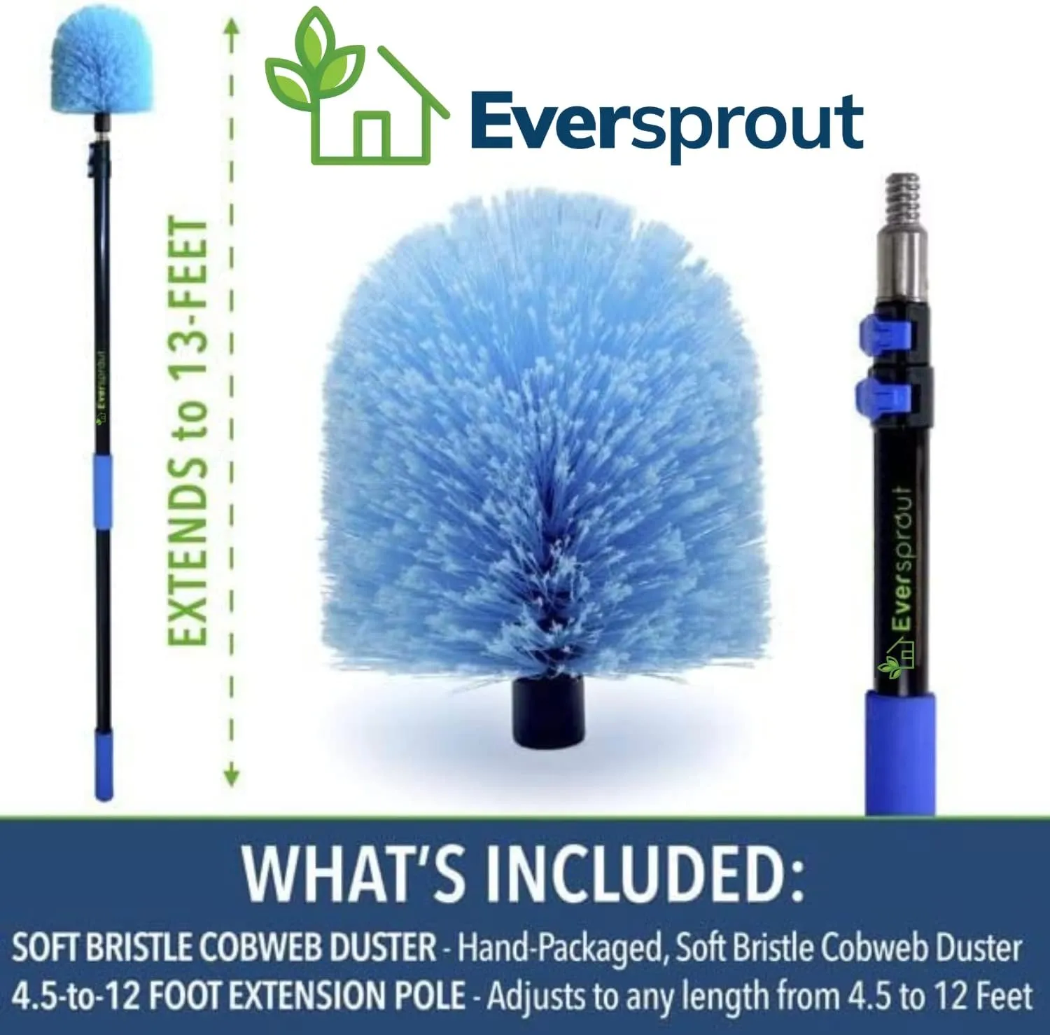 EVERSPROUT 5-to-12ft Telescoping Durable Duster with Extension Pole – Lightweight 3 Stage Cobweb Duster – Extendable to 20ft Reach for Cleaning High Ceilings and Spider Webs