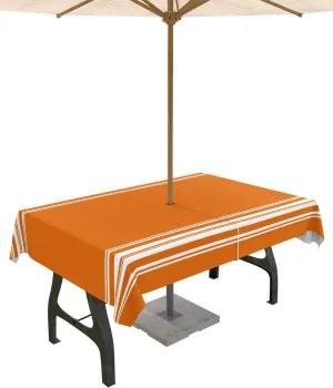 Fall Outdoor Tablecloth with Umbrella Hole, Farmhouse Orange White Stripe Rectangle Tables Zippered Table Cloth Waterproof Tabletop Table Cover Collection for Patio, Garden, Picnic, Camping, Dining