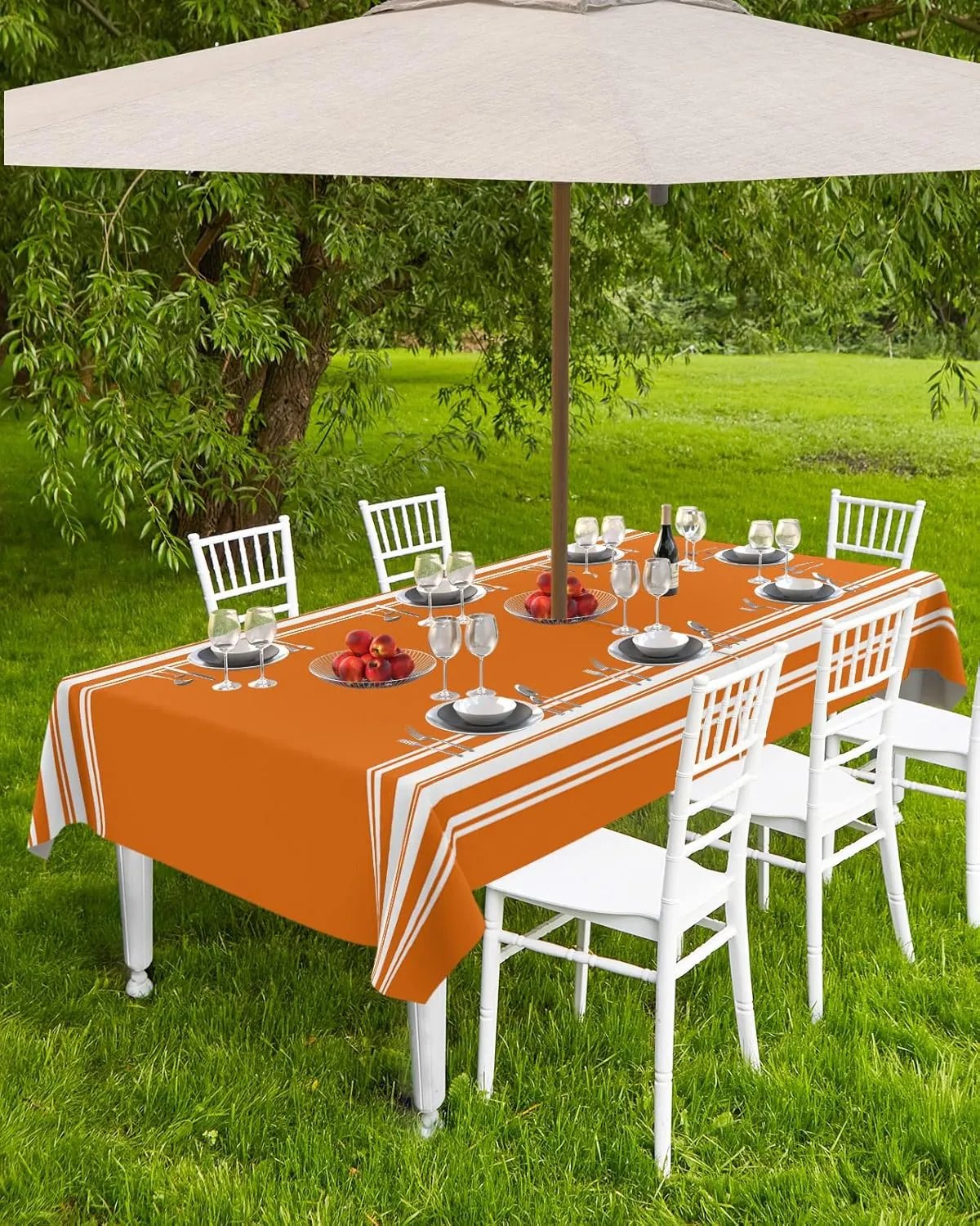 Fall Outdoor Tablecloth with Umbrella Hole, Farmhouse Orange White Stripe Rectangle Tables Zippered Table Cloth Waterproof Tabletop Table Cover Collection for Patio, Garden, Picnic, Camping, Dining