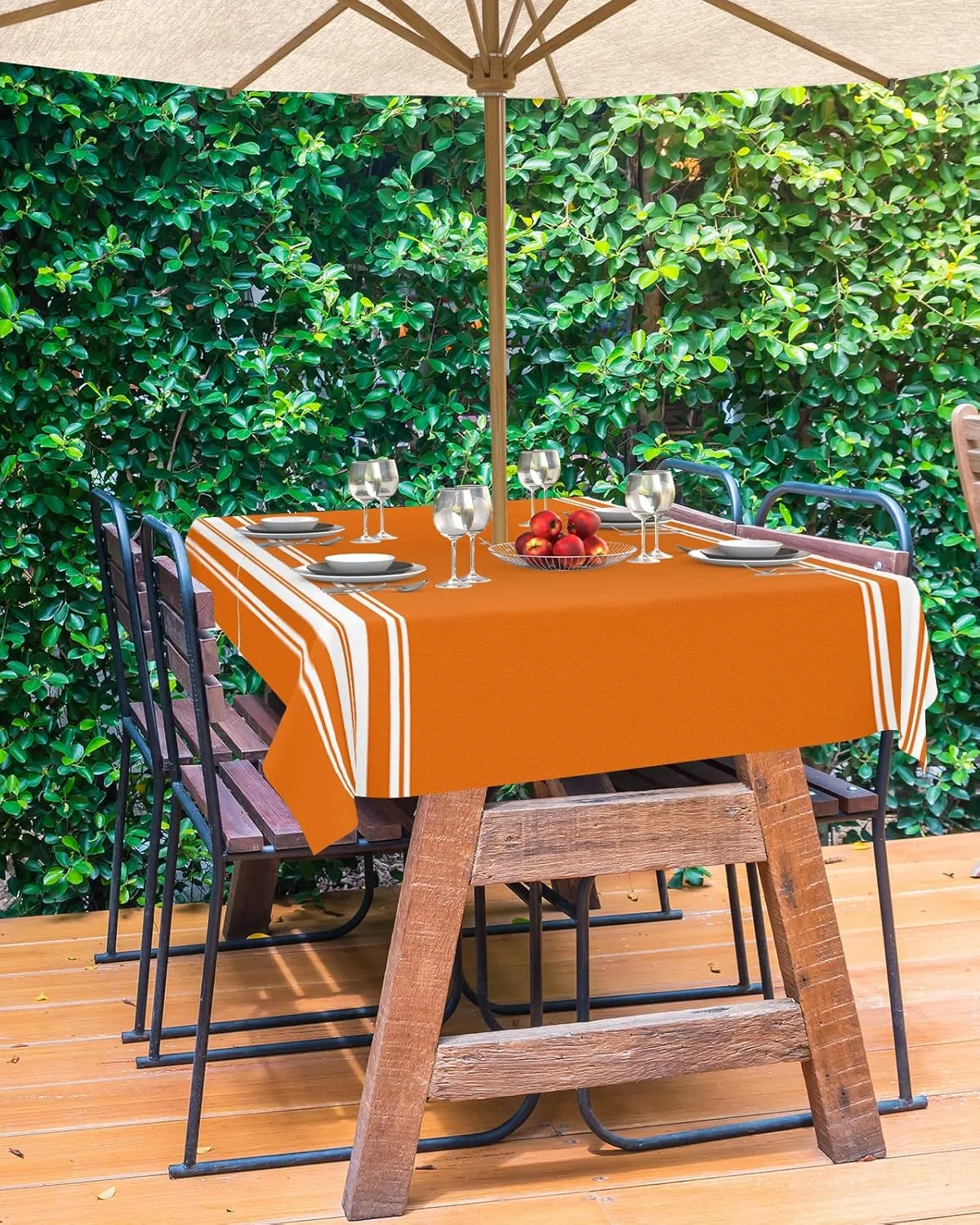 Fall Outdoor Tablecloth with Umbrella Hole, Farmhouse Orange White Stripe Rectangle Tables Zippered Table Cloth Waterproof Tabletop Table Cover Collection for Patio, Garden, Picnic, Camping, Dining