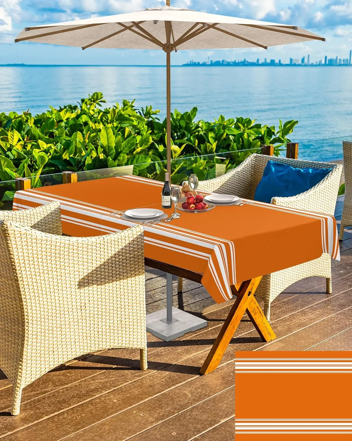 Fall Outdoor Tablecloth with Umbrella Hole, Farmhouse Orange White Stripe Rectangle Tables Zippered Table Cloth Waterproof Tabletop Table Cover Collection for Patio, Garden, Picnic, Camping, Dining