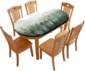 Fitted Oval Elastic Edge Tablecloth, Forest Trees Table Cover, for Travel Christmas Picnics Parties Outdoor, Fits for 48 x 80 Oval Table