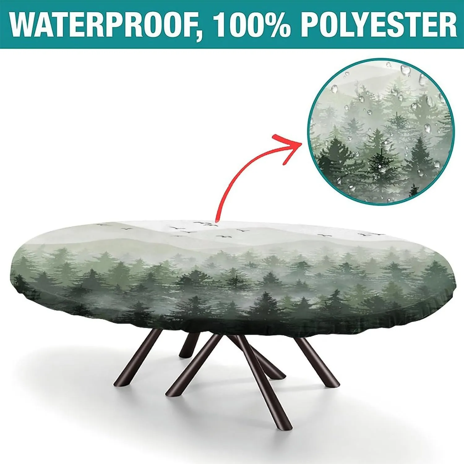Fitted Oval Elastic Edge Tablecloth, Forest Trees Table Cover, for Travel Christmas Picnics Parties Outdoor, Fits for 48 x 80 Oval Table