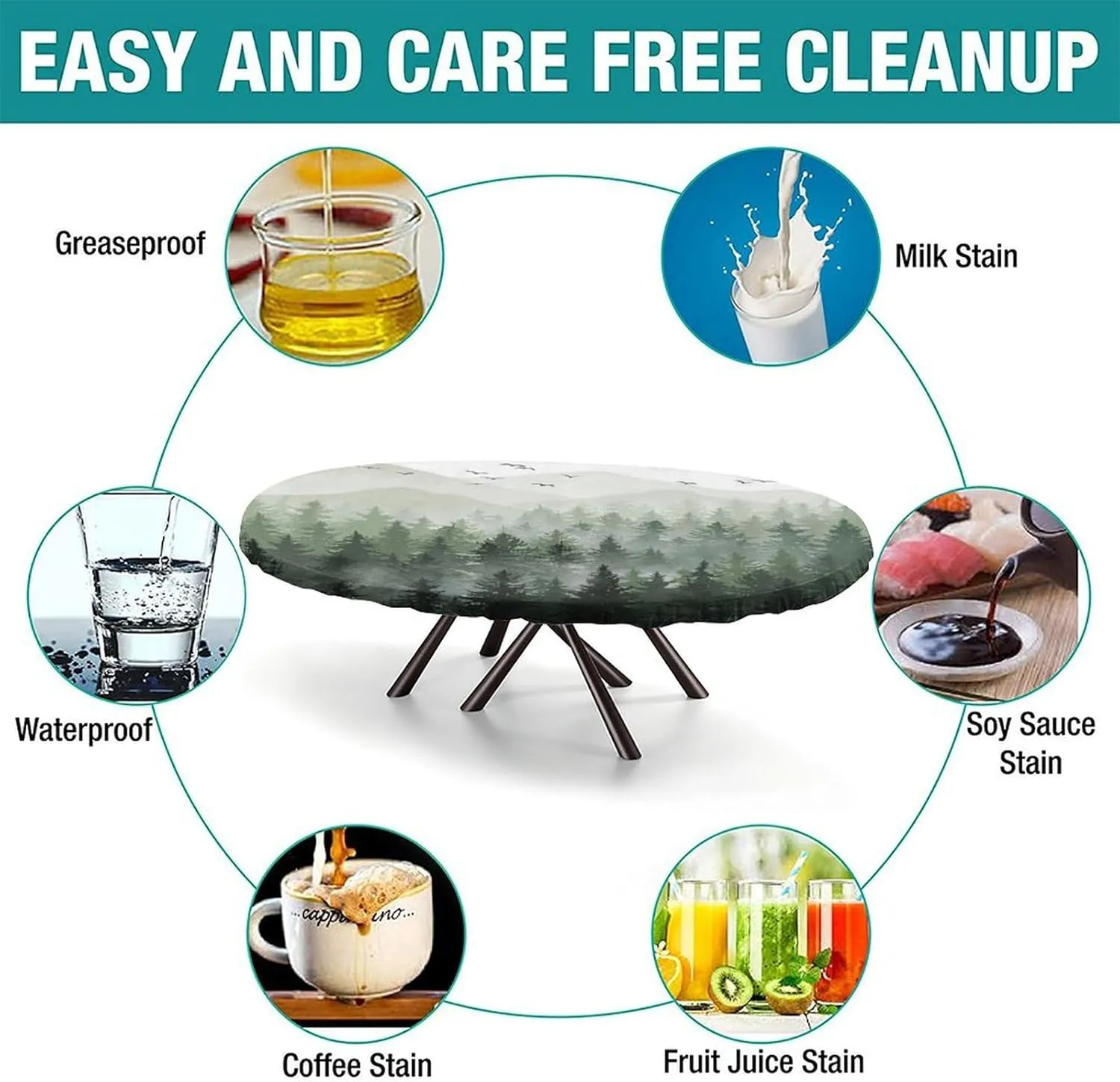 Fitted Oval Elastic Edge Tablecloth, Forest Trees Table Cover, for Travel Christmas Picnics Parties Outdoor, Fits for 48 x 80 Oval Table