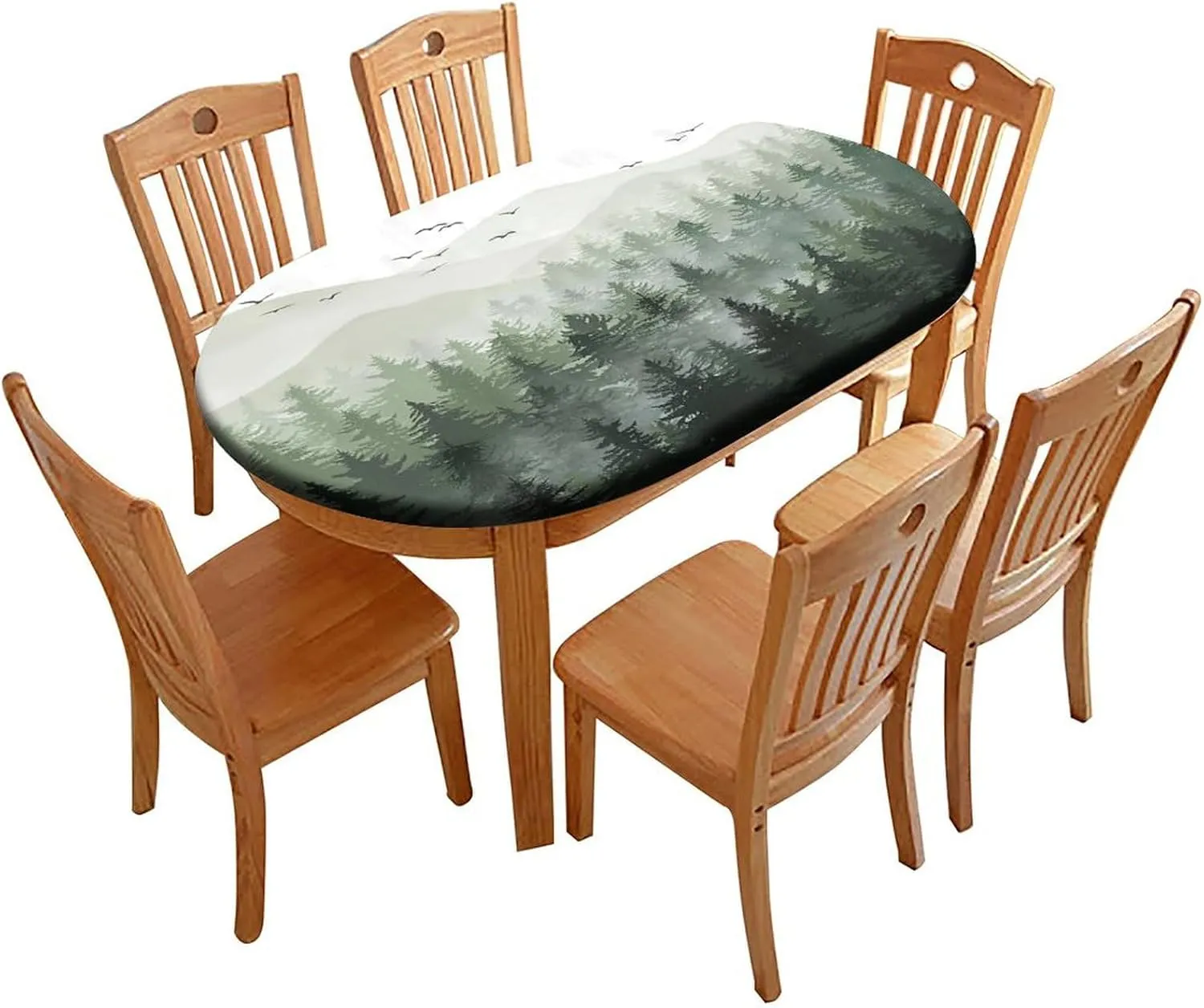 Fitted Oval Elastic Edge Tablecloth, Forest Trees Table Cover, for Travel Christmas Picnics Parties Outdoor, Fits for 48 x 80 Oval Table