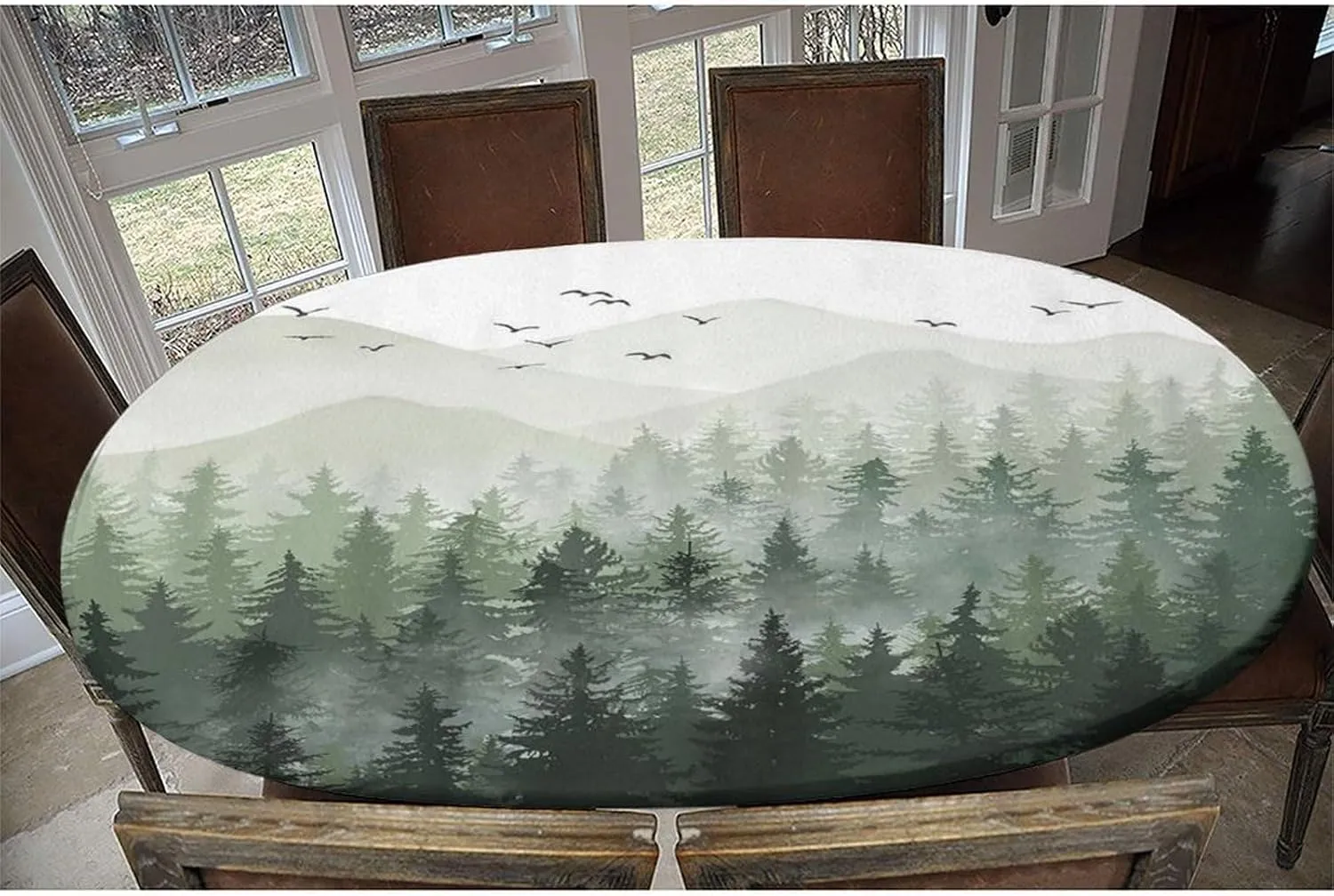 Fitted Oval Elastic Edge Tablecloth, Forest Trees Table Cover, for Travel Christmas Picnics Parties Outdoor, Fits for 48 x 80 Oval Table